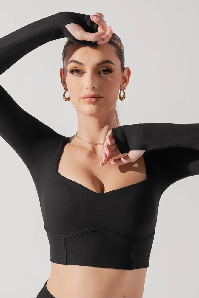 POPFLEX® Sweetheart Long Sleeve Crop Top - Black