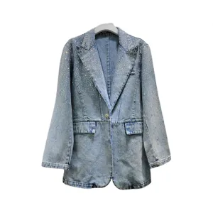 Pre Order:  Vintage Diamond Embellished Single Button Denim Blazer