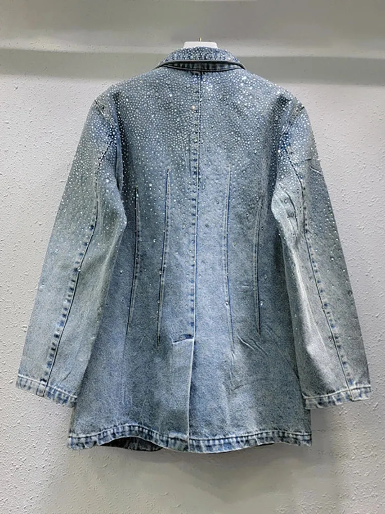 Pre Order:  Vintage Diamond Embellished Single Button Denim Blazer