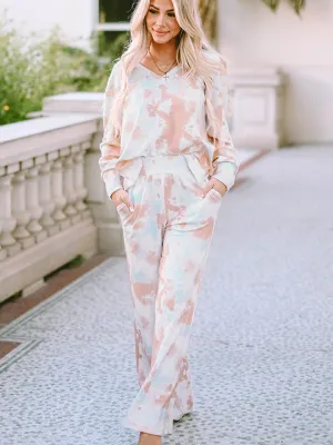 Printed Long Sleeve Top and Wide Leg Pants Lounge Set