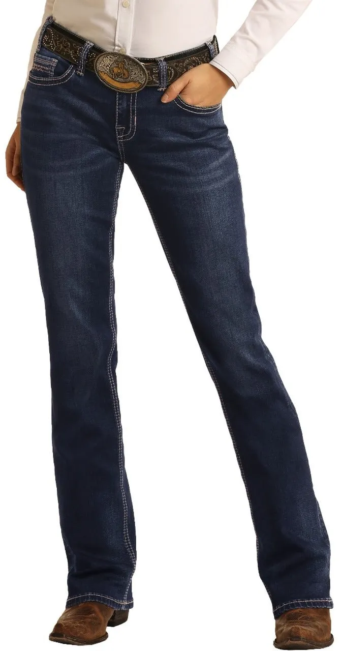 Rock & Roll Denim Ladies Mid Rise Extra Stretch Bootcut Riding Jeans- Dark Wash