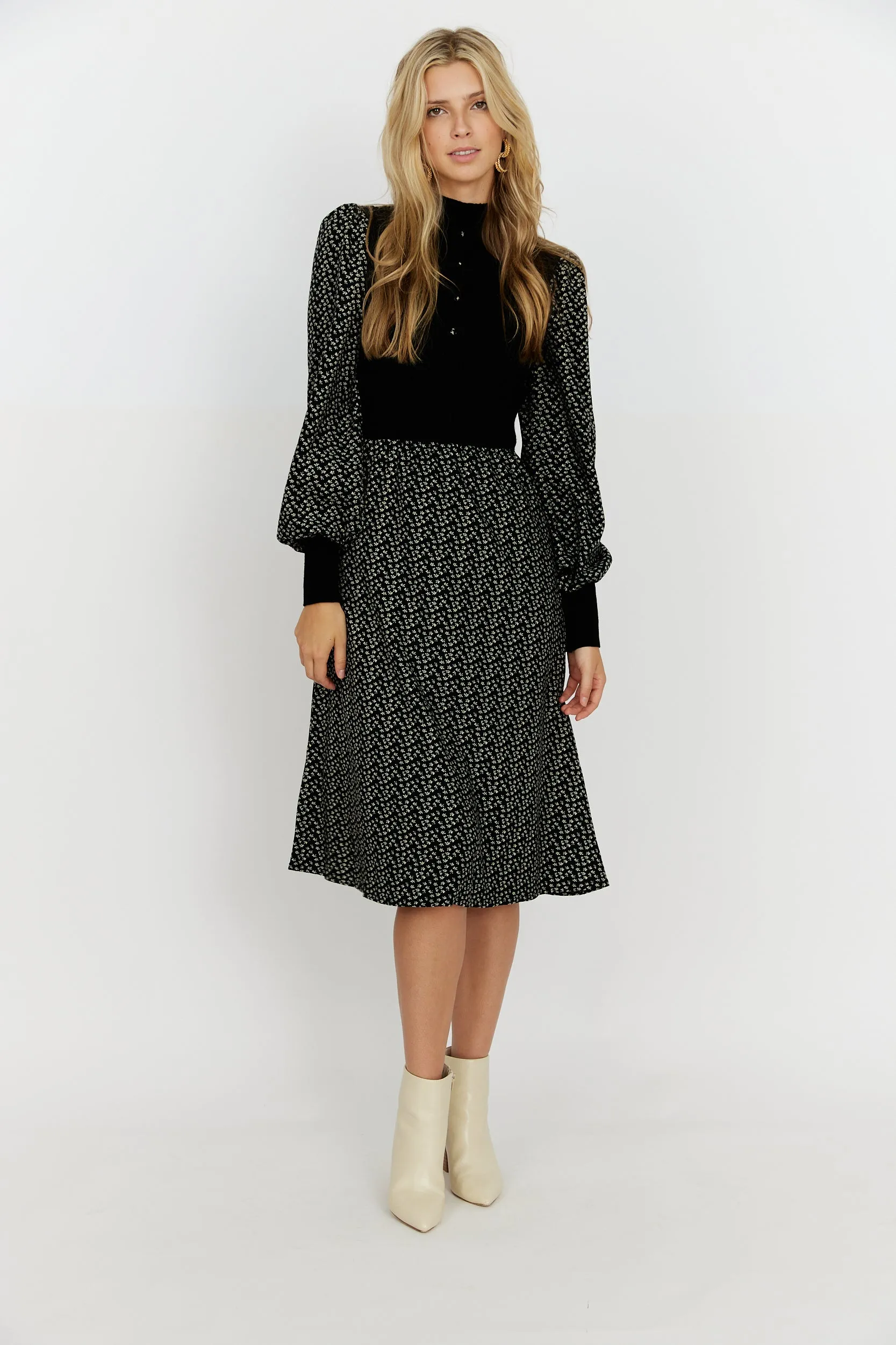 SALE - Rhea Printed Long Sleeve Midi Dress