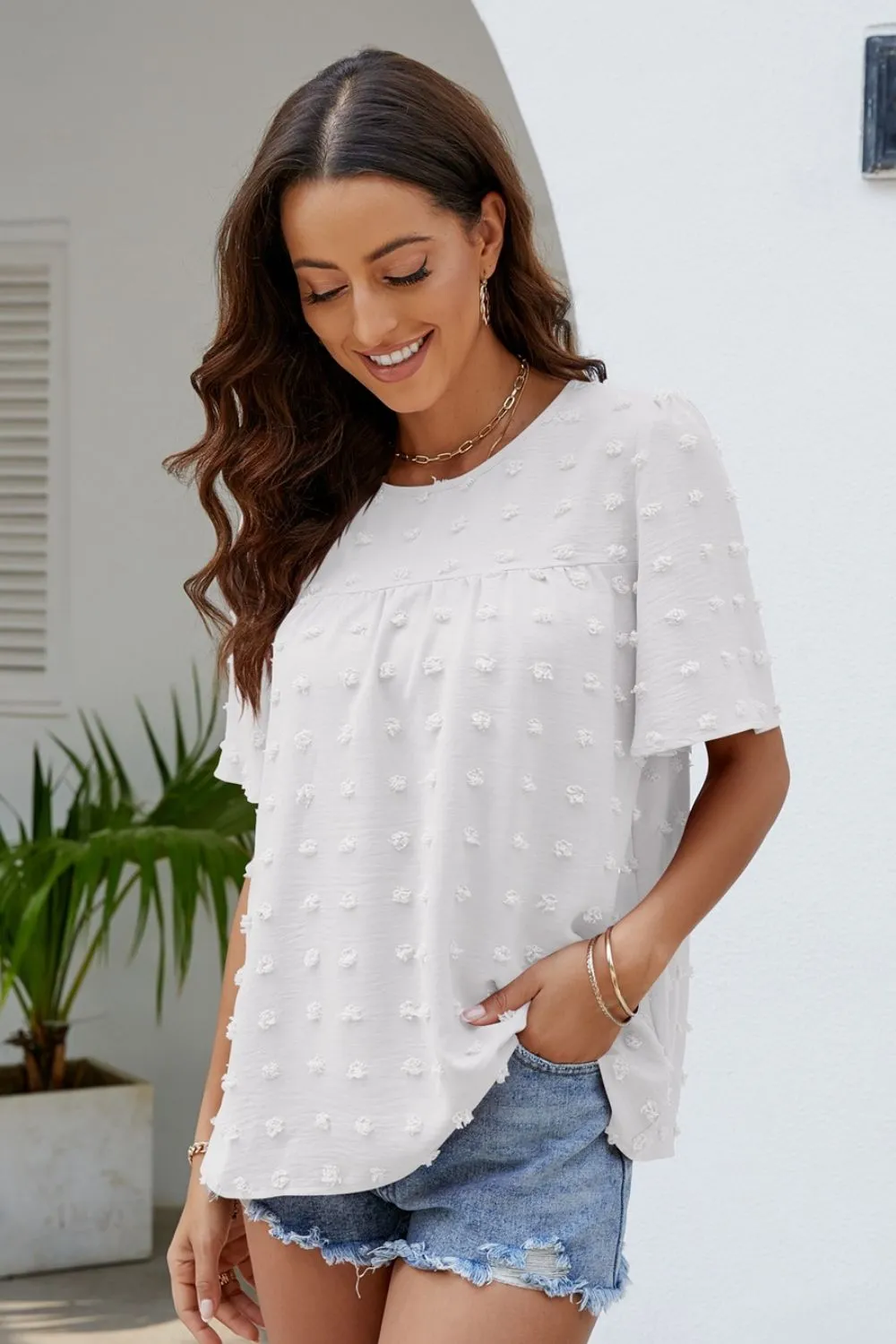 Swiss Dot Puff Sleeve Round Neck Blouse