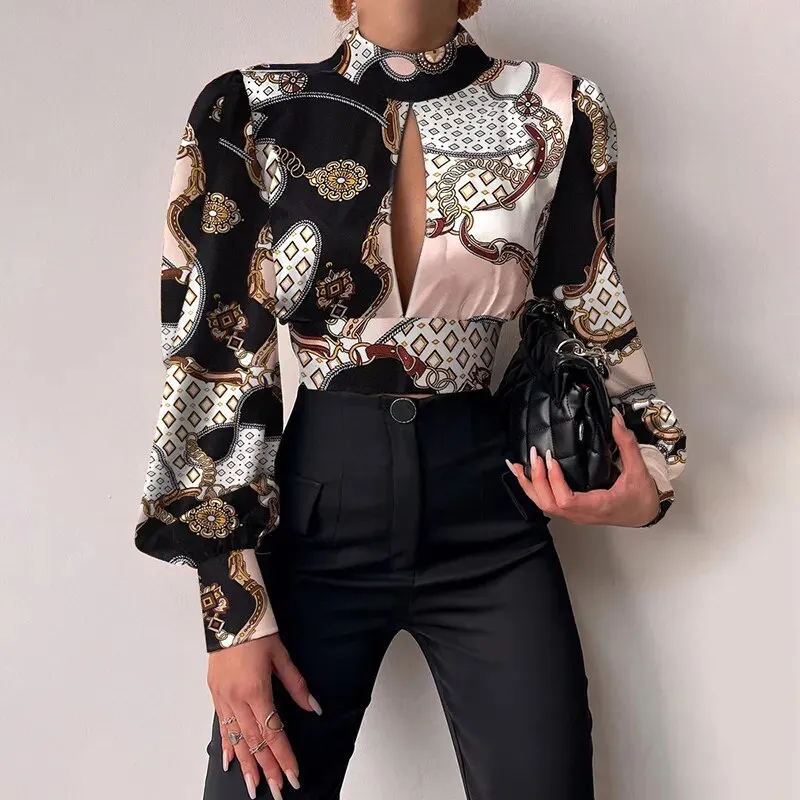 Trendy Backless Hollow Print Crop Blouse