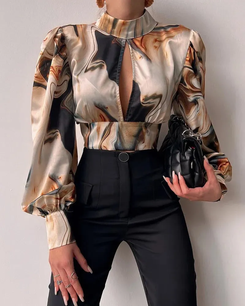 Trendy Backless Hollow Print Crop Blouse