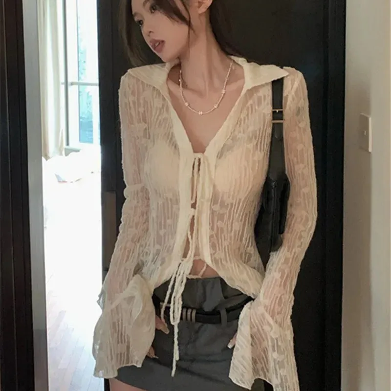 White Lace Transparent Slim Korean Summer Chic Blouse