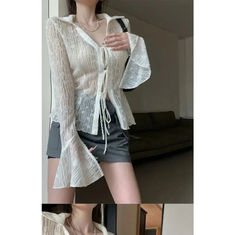 White Lace Transparent Slim Korean Summer Chic Blouse