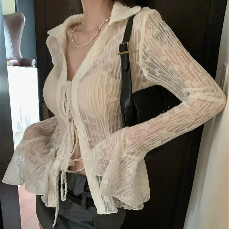 White Lace Transparent Slim Korean Summer Chic Blouse