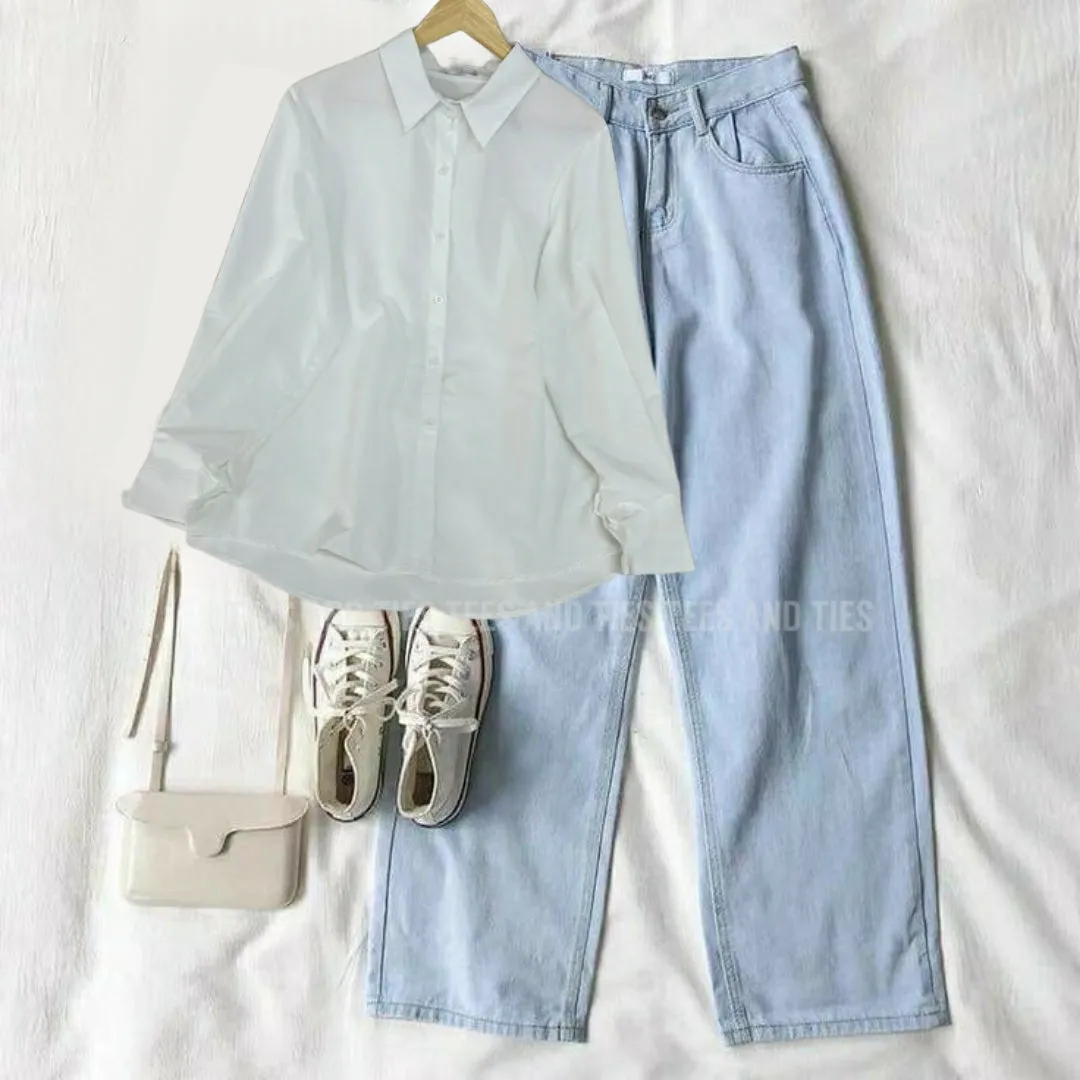 Wide leg jeans white sky button down shirt