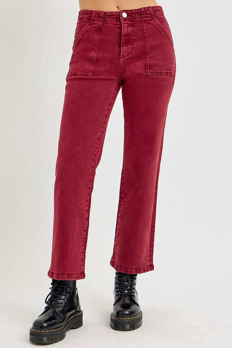 Women's  High Rise Straight Jeans with Patch Pockets