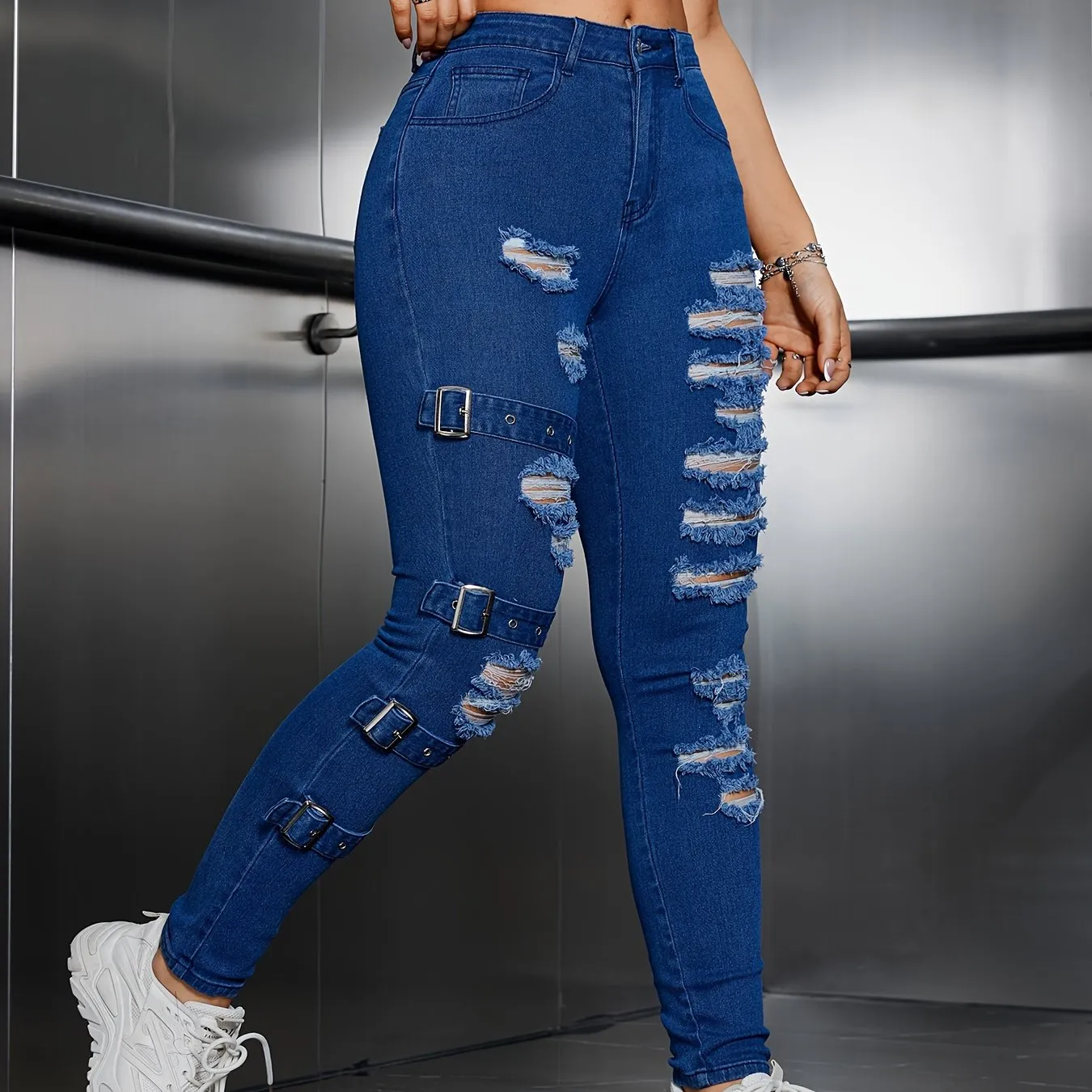 Women's Street Style High-Waist Stretchy Skinny Jeans With Ripped Detailing And Adjustable Buckle, Fashionable Denim Long Pants